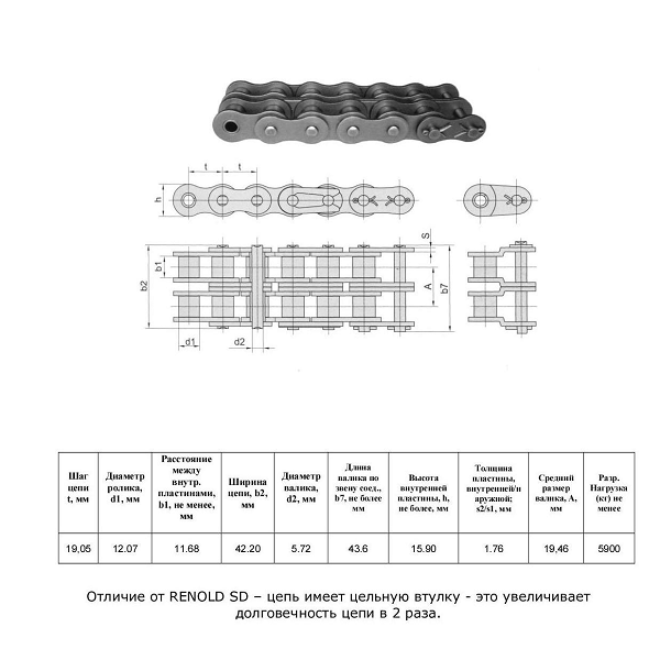 Цепь 12B-2 L=5,0 м (AR12B2x5M) (Renold AS)