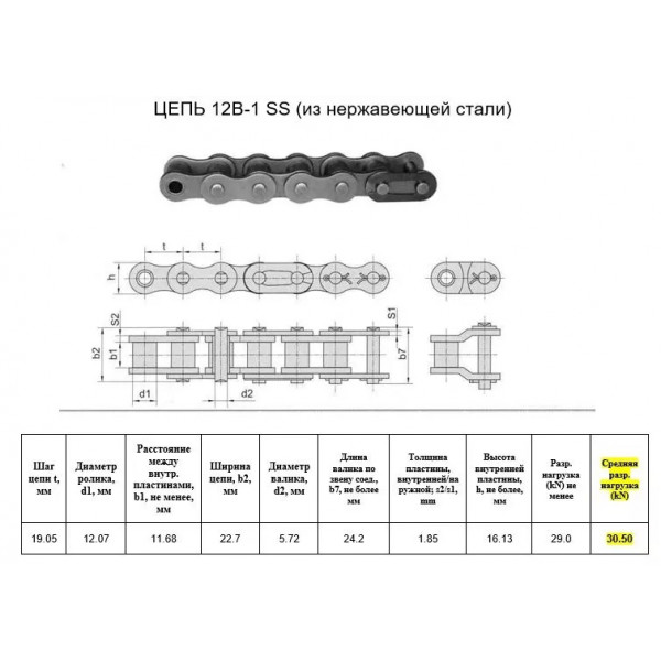 ЦЕПЬ 12B-1 SS L=5.0м НЕРЖАВЕЮЩАЯ СТАЛЬ (RENOLD SD)